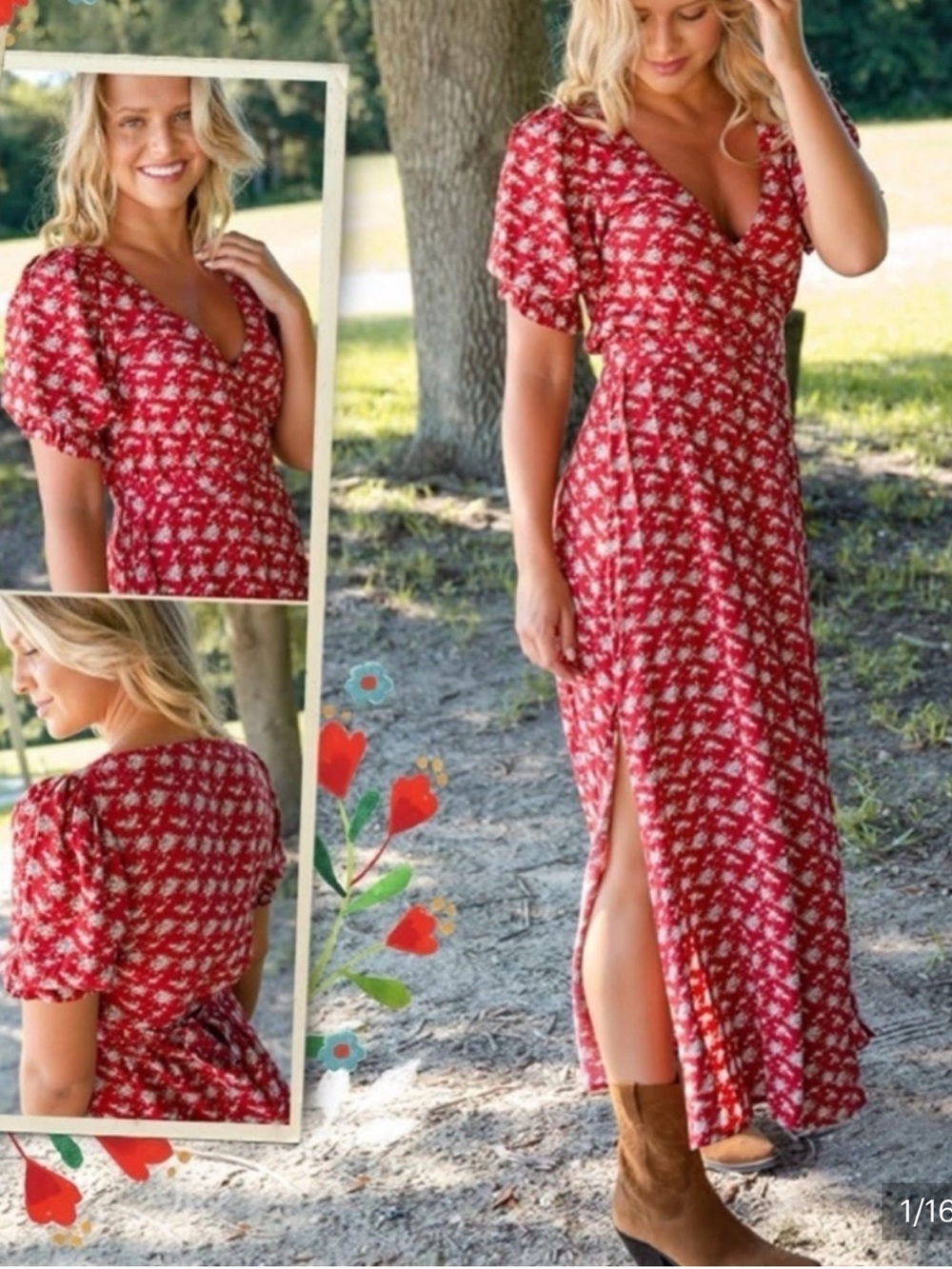 Natural Life Sophia Wrap Midi Dress Red Ditsy Floral Women's XL Cottagecore